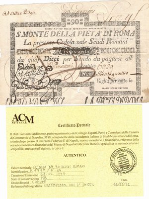 obverse: Banconote. Stato Pontificio. Sacro Monte della Pietà di Roma. Cedola da 90 Scudi Romani. 1797. 