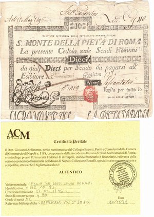 obverse: Banconote. Stato Pontificio. Sacro Monte della Pietà di Roma. Cedola da 10 Scudi Romani. 1795. 