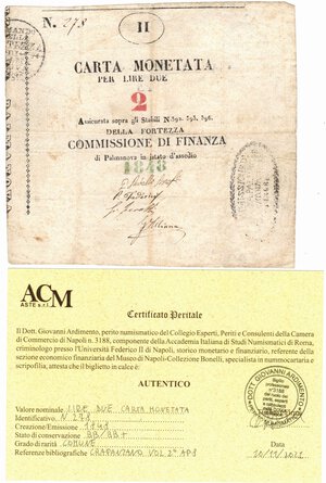 obverse: Banconote. Palmanova. Assedio. Carta monetata da 2 Lire 1848. 
