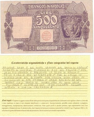 reverse: Banconote. Banco di Napoli. 500 Lire Filangeri. D.M. 13/12/1914.