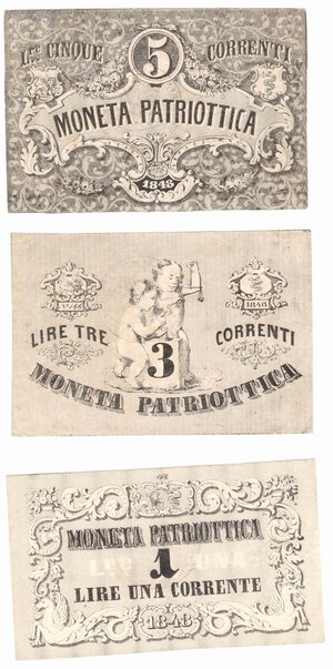 obverse: Banconote. Venezia. Moneta Patriottica. 1848. Lotto di 3 biglietti da 1 lira, 3 lire e 5 lire. 