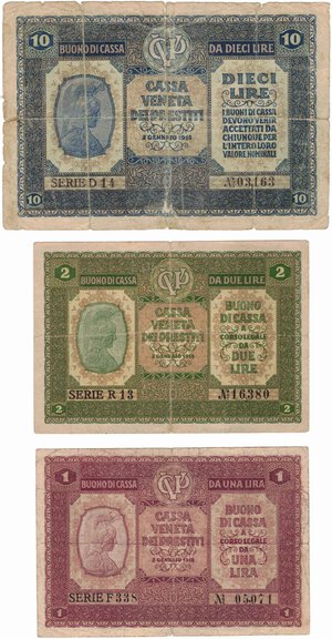 obverse: Banconote. Cassa Veneta dei prestiti. Occupazione Austriaca. Buono da 10, 2 e 1 lire. 2 Gennaio 1918. 