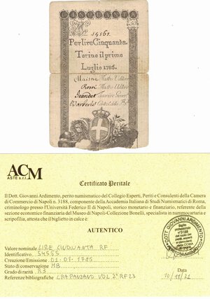 obverse: Banconote. Regno di Sardegna. Regie Finanze. Vittorio Amedeo III. 50 lire editto 1/07/1786.