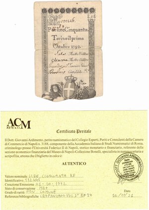 obverse: Banconote. Regno di Sardegna. Regie Finanze. Vittorio Amedeo III. 50 lire editto 1/10/1792. 