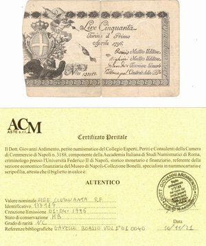 obverse: Banconote. Regno di Sardegna. Regie Finanze. Vittorio Amedeo III. 50 lire editto 1/04/1796. 