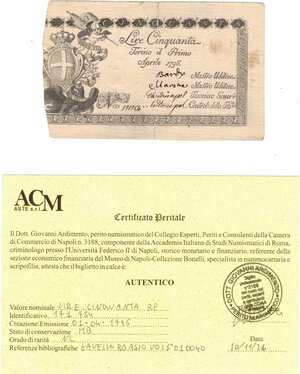 obverse: Banconote. Regno di Sardegna. Regie Finanze. Vittorio Amedeo III. 50 lire editto 1/04/1796.