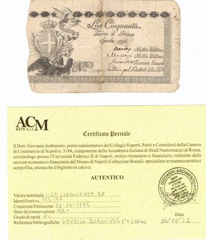 obverse: Banconote. Regno di Sardegna. Regie Finanze. Vittorio Amedeo III. 50 lire editto 1/04/1796. 