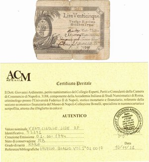 obverse: Banconote. Regno di Sardegna. Regie Finanze. Vittorio Amedeo III. 25 lire editto 1/10/1794. 