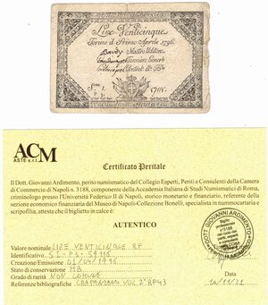 obverse: Banconote. Regno di Sardegna. Regie Finanze. Vittorio Amedeo III. 25 lire editto 1/04/1796. 
