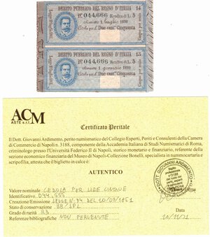 obverse: Banconote. Regno D Italia. Umberto I. Cedola per Lire 5. L. n. 94 del 10/07/1861. 