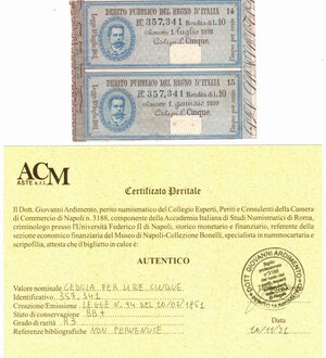 obverse: Banconote. Regno D Italia. Umberto I. Cedola per Lire 5. L. n. 94 del 10/07/1861. 