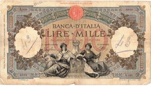 obverse: Banconote. Regno D Italia. Vittorio Emanuele III. 1.000 Lire Regine del Mare. (Fascio). D.M. 21 Maggio 1941. 