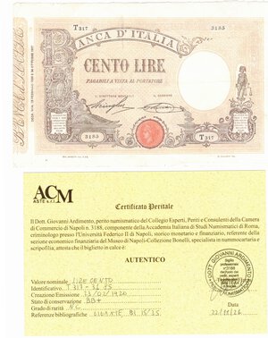 obverse: Banconote. Regno D Italia. Vittorio Emanuele III. 1900-1943. 100 Lire Matrice. D. M. 23-02-1920. 