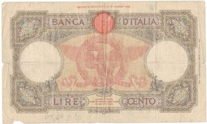 reverse: Banconote. Regno d Italia. Vittorio Emanuele III. 1900-1943. 100 Lire Roma Guerriera. Fascio. D. M. 17 Luglio 1933. 