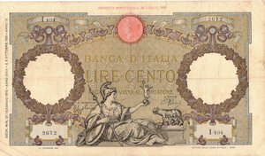obverse: Banconote. Regno d Italia. Vittorio Emanuele III. 1900-1943. 100 Lire Roma Guerriera. Fascio. D. M. 27 Febbraio 1940. 