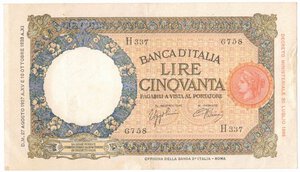 obverse: Banconote. Regno d Italia. Vittorio Emanuele III. 1900-1943. 50 Lire lupetta. Fascio. D. M. 27 Agosto0 1937. Gig BI 6G. 