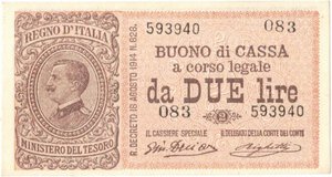 obverse: Banconote. Regno D Italia. Vittorio Emanuele III. Buono di cassa da 2 Lire. 