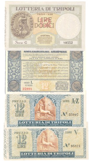 obverse: Banconote. Regno D Italia. Libia. Lotto di 4 biglietti da 12 Lire della Lotteria di Tripoli. 1934-1935. 