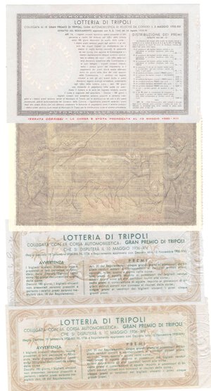 reverse: Banconote. Regno D Italia. Libia. Lotto di 4 biglietti da 12 Lire della Lotteria di Tripoli. 1934-1935. 