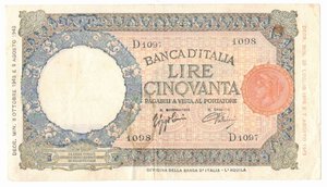 obverse: Banconote. Repubblica Sociale Italiana. 50 Lire lupetta. B.I. D. M. 08/10/1943. Gig BI 11B. 