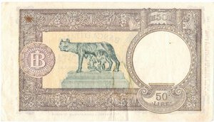 reverse: Banconote. Repubblica Sociale Italiana. 50 Lire lupetta. B.I. D. M. 08/10/1943. Gig BI 11B. 