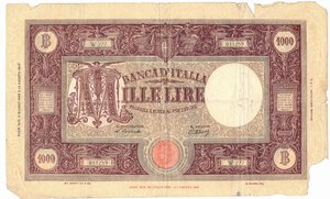 obverse: Banconote. Luogotenenza. 1.000 Lire Grande M (B.I.). D.M. 9-06-1945. Gig. BI49H. 