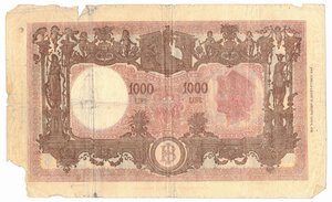 reverse: Banconote. Luogotenenza. 1.000 Lire Grande M (B.I.). D.M. 9-06-1945. Gig. BI49H. 