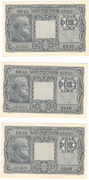 obverse: Banconote. Luogotenenza. 10 lire Giove. D.M. 23/11/1944. Rif. Gig. BS 19B. Lotto di 3 pezzi consecutive. 