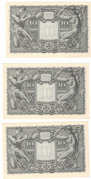 reverse: Banconote. Luogotenenza. 10 lire Giove. D.M. 23/11/1944. Rif. Gig. BS 19B. Lotto di 3 pezzi consecutive. 