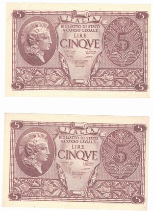 obverse: Banconote. Luogotenenza. 5 lire Atena Elmata. D.M. 23/11/1944. Rif. Gig. BS 14B. Lotto di 2 pezzi consecutive.