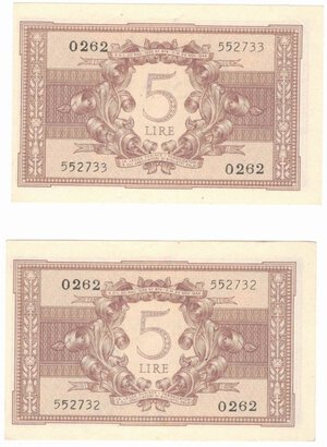 reverse: Banconote. Luogotenenza. 5 lire Atena Elmata. D.M. 23/11/1944. Rif. Gig. BS 14B. Lotto di 2 pezzi consecutive.