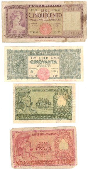 obverse: Banconote. Regno d Italia. Luogotenenza. Repubblica Italiana. Lotto di 7 banconote. 10, 5, 2 e 1 Lira. 