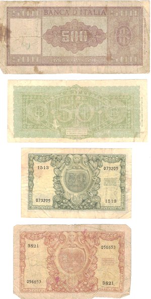 reverse: Banconote. Regno d Italia. Luogotenenza. Repubblica Italiana. Lotto di 7 banconote. 10, 5, 2 e 1 Lira. 