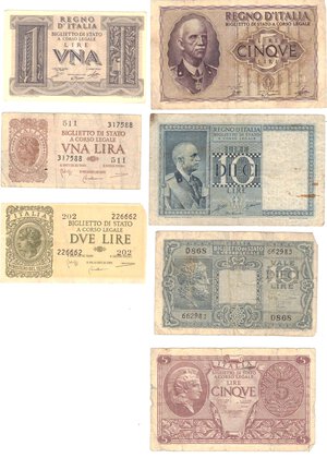 obverse: Banconote. Regno d Italia. Luogotenenza. Repubblica Italiana. Lotto di 7 banconote. 10, 5, 2 e 1 Lira. 