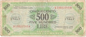 obverse: Banconote. Occupazione Americana. 500 Am lire 1943. Bilingue FLC. 