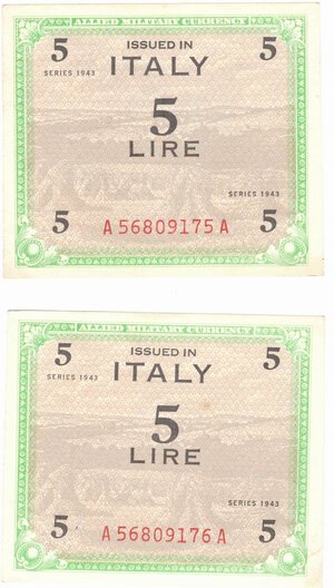 obverse: Banconote. Occupazione Americana. 5 Am lire 1943. Monolingua FLC. Gig AM 3B.