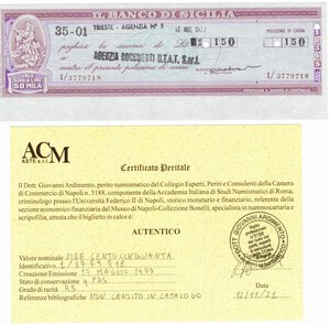 obverse: Banconote. Banco di Sicilia. Polizzino di cassa da 150 Lire 17/05/1977. 
