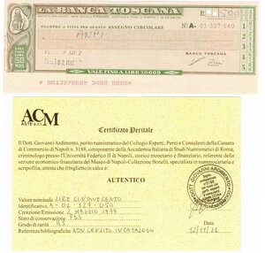 obverse: Banconote. Banca di Toscana. Miniassegno emesso su modulo di Assegno Circolare da 500 Lire 1977. 