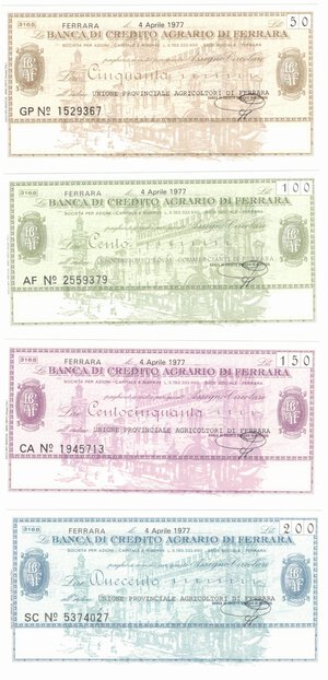obverse: Banconote. Miniassegni. Banca di Credito Agrario di Ferrara. Serie completa di 4 pezzi da 50, 100, 150 e 200 Lire. 