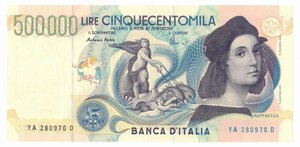 obverse: Banconote. Repubblica Italiana. 500.000 lire Raffaello. Gig. BI86A. 