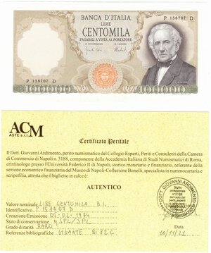 obverse: Banconote. Repubblica Italiana. 100.000 Lire Manzoni. D.M. 6-02-1974. 