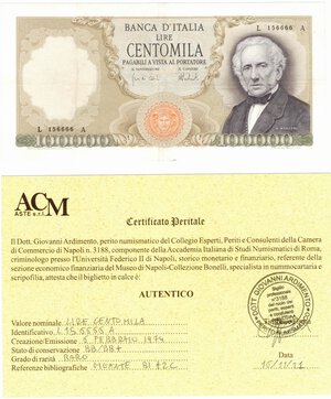 obverse: Banconote. Repubblica Italiana. 100.000 Lire Manzoni. D.M. 6-02-1974. 