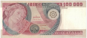 obverse: Banconote. Repubblica Italiana. 100.000 Lire Botticelli. D.M. 1-07-1980. 