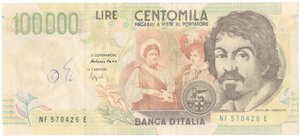 obverse: Banconote. Repubblica Italiana. 100.000 Lire Caravaggio. 2° tipo. Interessante falso d epoca. 