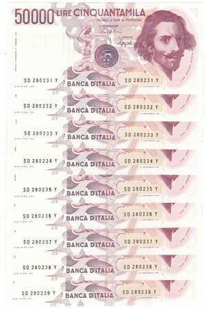 obverse: Banconote. Repubblica Italiana. 50.000 lire Bernini. 1°tipo. 1990. 9 Pezzi consecutivi. Gig. BI 80D. 