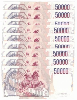 reverse: Banconote. Repubblica Italiana. 50.000 lire Bernini. 1°tipo. 1990. 9 Pezzi consecutivi. Gig. BI 80D. 