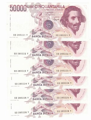 obverse: Banconote. Repubblica Italiana. 50.000 lire Bernini. 1°tipo. 1990. 6 Pezzi consecutivi. Gig. BI 80D. 