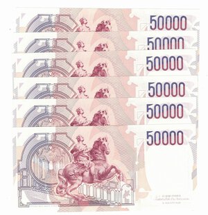 reverse: Banconote. Repubblica Italiana. 50.000 lire Bernini. 1°tipo. 1990. 6 Pezzi consecutivi. Gig. BI 80D. 