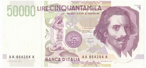 obverse: Banconote. Repubblica Italiana. 50.000 lire Bernini. 2°tipo. D.M. 27/05/1992. 