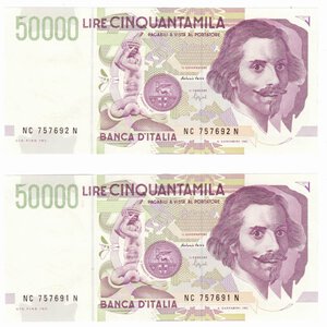 obverse: Banconote. Repubblica Italiana. 50.000 lire Bernini. 2°tipo. 1995. 2 Pezzi consecutivi. Gig. BI 81C.